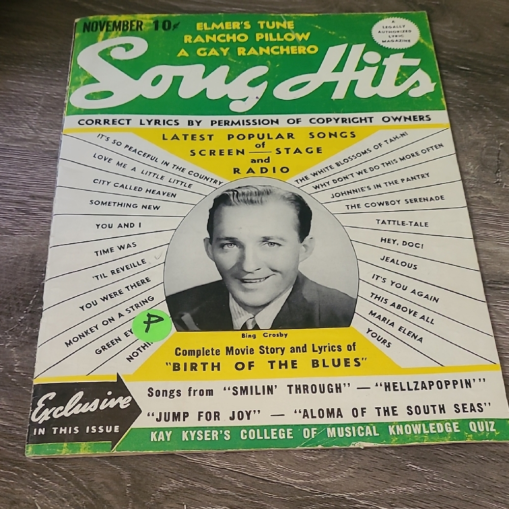 Vintage Song Hits Magazine with Green and White Cover With Bing Crosby